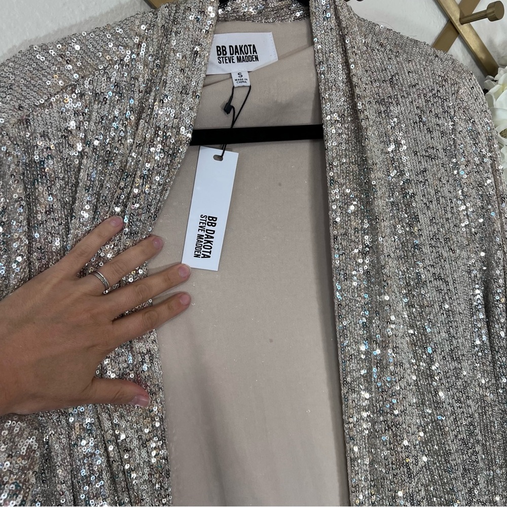 BB Dakota Silver Sequin Blazer/Duster Open Long Cardigan - Picture 7 of 13